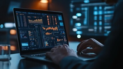 Data scientist, Programmer using laptop analyzing financial data on futuristic virtual interface.