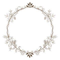 Round vintage frame with monograms and flowers, isolated on white background, for design and decor, template for prints, cards