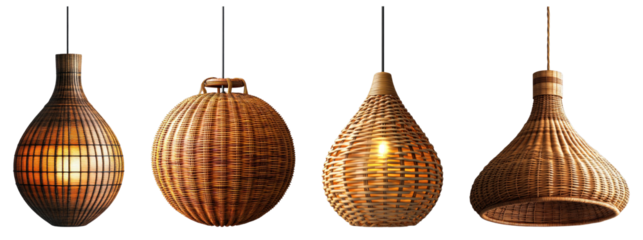 Woven rattan hanging lamp, centered on a transparent background.