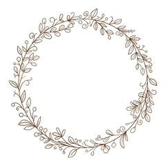 Round vintage frame with monograms, leaves, isolated on white background, for design and decor, template for prints, cards