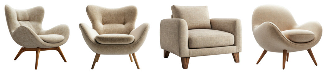 Fototapeta premium Cozy fabric armchair with wooden legs, centered on a transparent background.