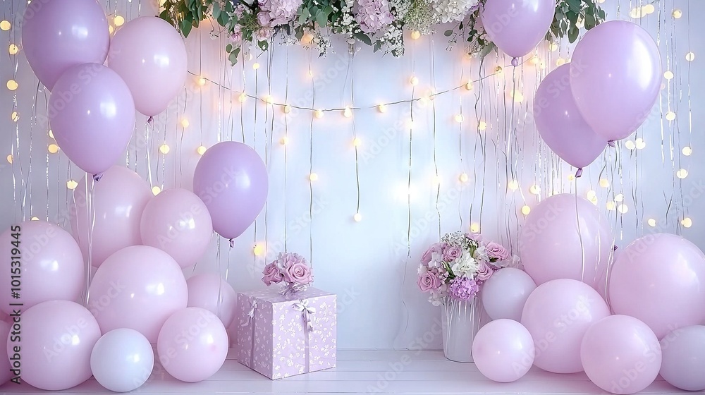 Poster a group of balloons is positioned in front of an array of flowers and a gift-filled container