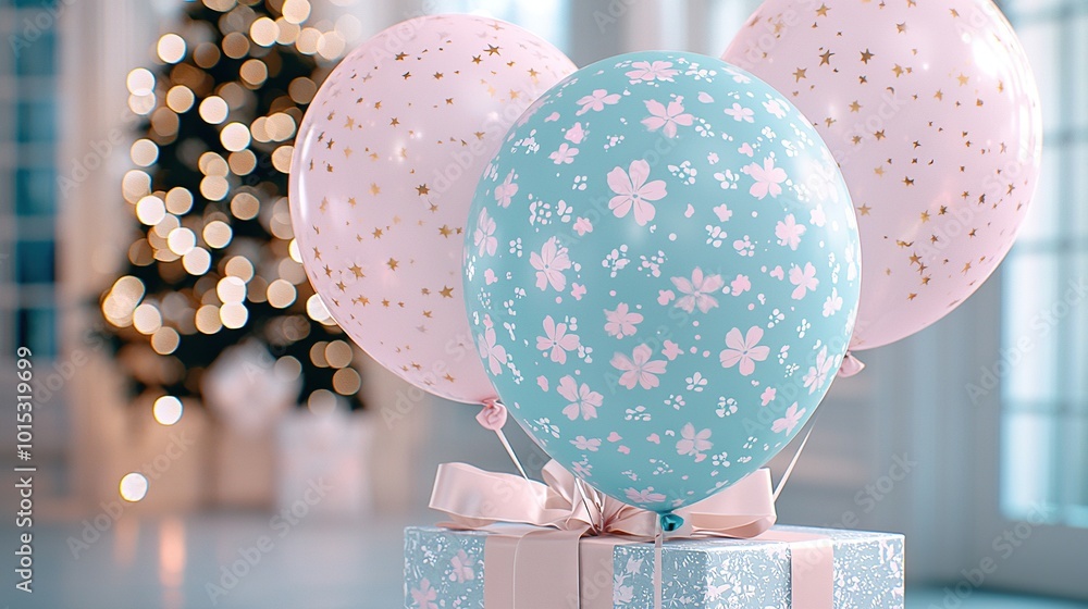 Poster a christmas tree with a lit-up tree and a present box on top, surrounded by a cluster of balloons