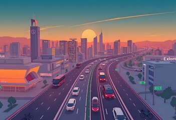 Obraz premium Vibrant Cityscape at Sunset: Bustling Street Life