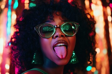 Woman in sparkling glasses with tongue out at a colorful party