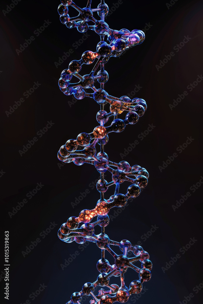Poster dna double helix rotating on black background with glowing particles