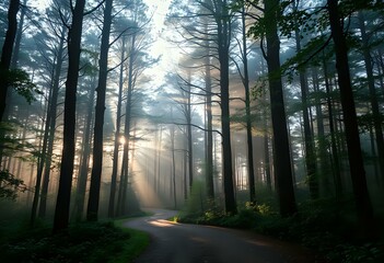 Obraz premium Whispering Woods Serenity: Warm Sunlight Filters Through Trees