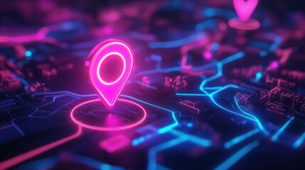 Digital GPS, neon map pin location. Innovation navigation technology concept, network connection, information pointers