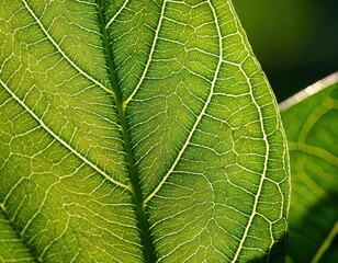 Obraz premium microscopic detail of a green leaf showing the fine structure of the veins with some warm sun light