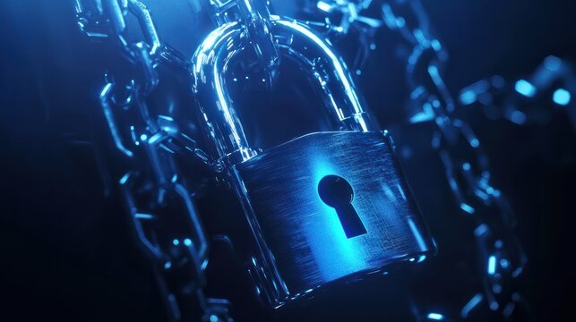 Digital padlock for computing system on dark blue background, cyber security technology for fraud prevention and privacy data network protection concept