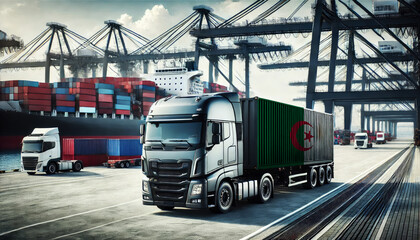 Naklejka premium Modern freight truck with an Algeria flag container at a busy port, surrounded by cargo ships and cranes. Ideal for showcasing global shipping, logistics, and transportation