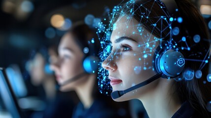 Elevating customer service with blue technology hologram of Digital on screen network, Staff women with headsets and AI interfaces. Call center with Technology Internet and network concept
