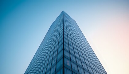 Fototapeta premium Unique Glass Pyramid Skyscraper at Sunset with Reflections