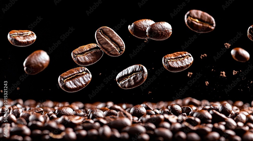 Poster a cascade of coffee beans accumulating atop another pile of coffee beans stacked atop yet another pi