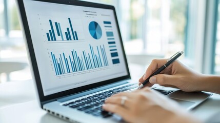 Freelancer analyzing bar graphs and pie chart on laptop