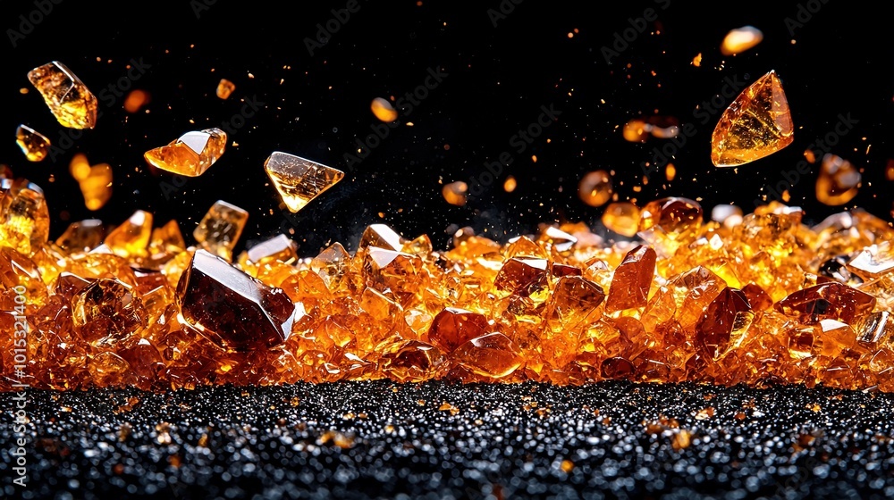 Poster close-up image of a fire with multiple layers of glass stacked on top of it, and some ice chunks pos