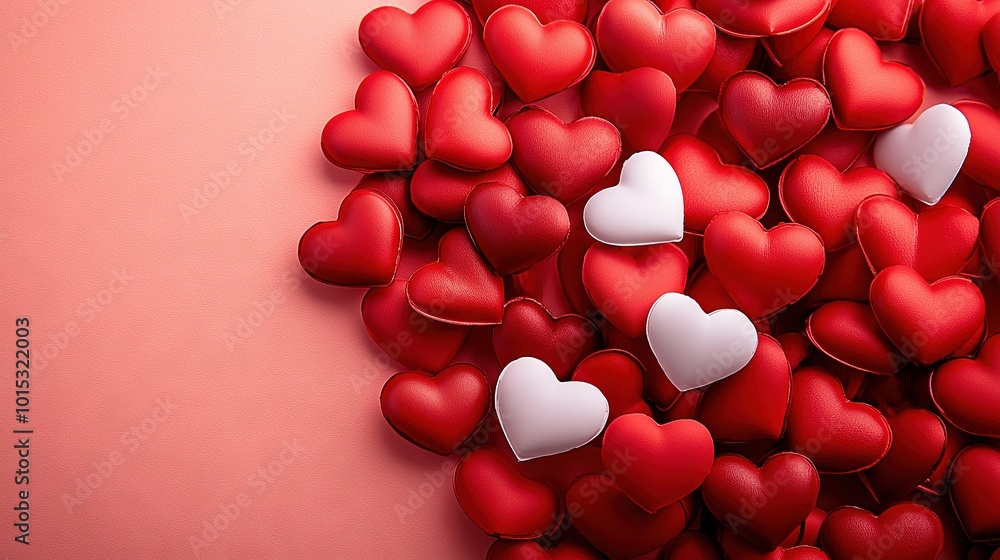 Poster a lot of red and white hearts on a pink background with space for a text or picture to add to a card