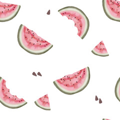 Watercolor seamless pattern of bitten watermelons with seed. Slices of watermelon hand drawn illustration for fabric and wallpaper. Transparent background