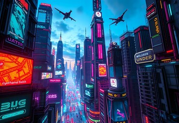 Obraz premium Vibrant Cityscape at Night with Brightly Lit Buildings and Bustling Street Life