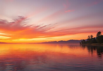 Obraz premium Serene Sunset Lake Oasis with Mountains and Island