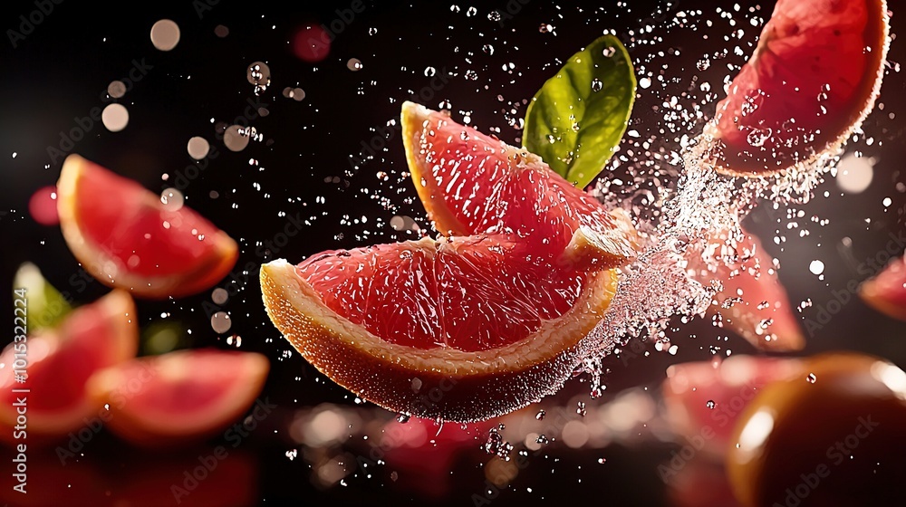 Poster a close-up of a grapefruit halved with water splashed on top