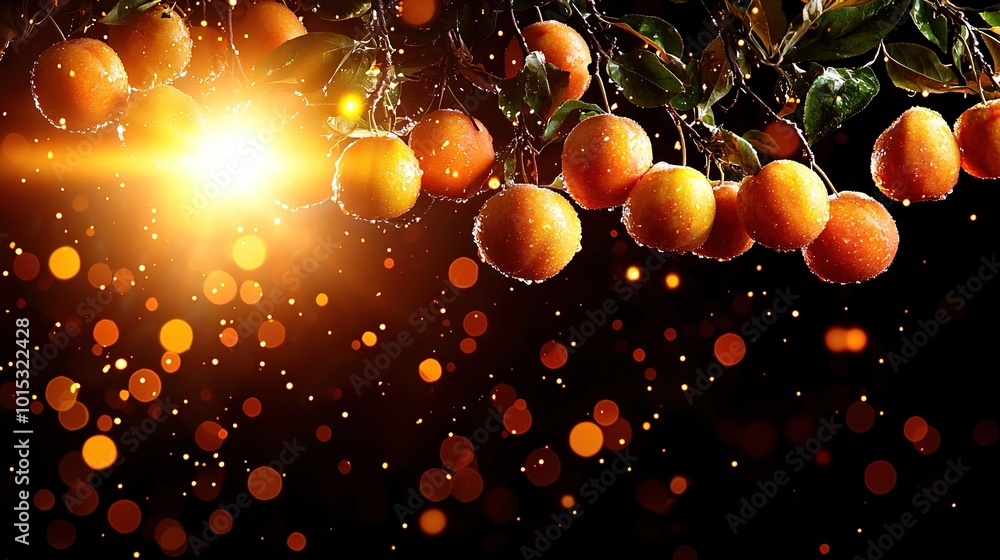 Poster oranges dangling from tree, sunlight filtering through leaves to ground
