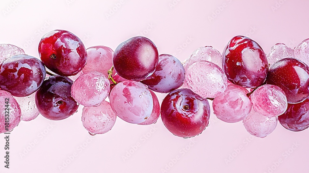 Poster a cluster of grapes resting on a pink background with water droplets dripping from them