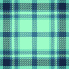 Bed textile texture check, 60s seamless vector fabric. Clan tartan background plaid pattern in green and cyan colors.