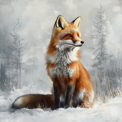 Obraz premium A red fox sits in the snow, surrounded by white trees and a gray sky.