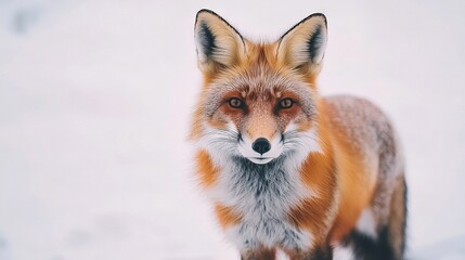 Fototapeta premium Close-up of a red fox in the snow, looking alert at the camera with a sharp expression on its face