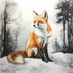 Obraz premium A red fox sits in the snow, surrounded by white trees and a gray sky.