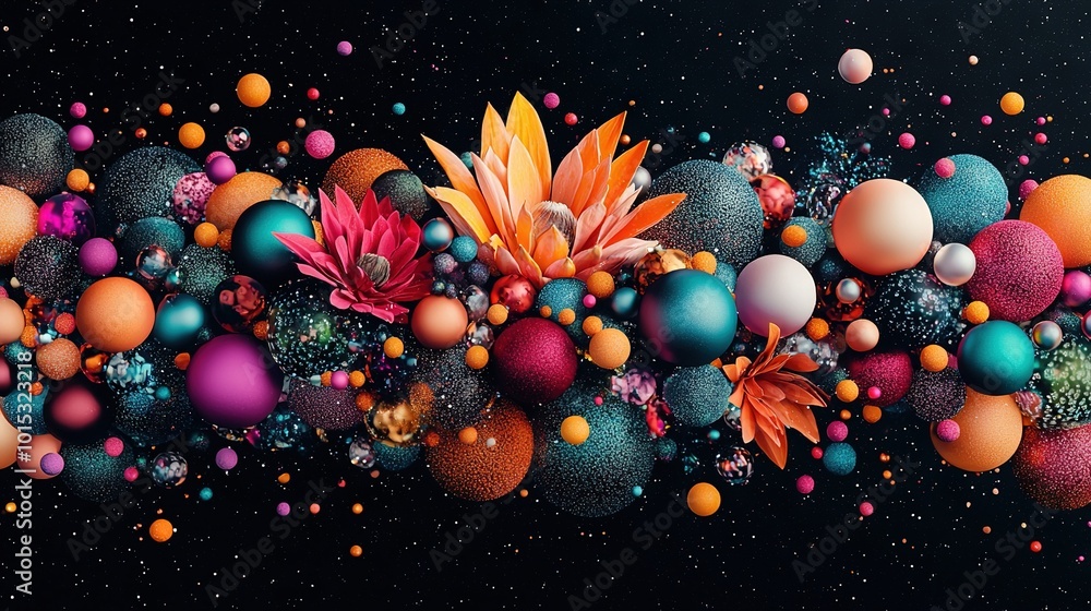 Poster a depiction of an array of larger balls and flora surrounded by smaller versions in a vast expanse