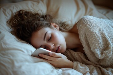 Obraz premium Uma jovem adormeceu com o celular nas mãos enquanto mexia, evidenciando a intrusão da tecnologia em nossos hábitos e a busca constante por conexão virtual