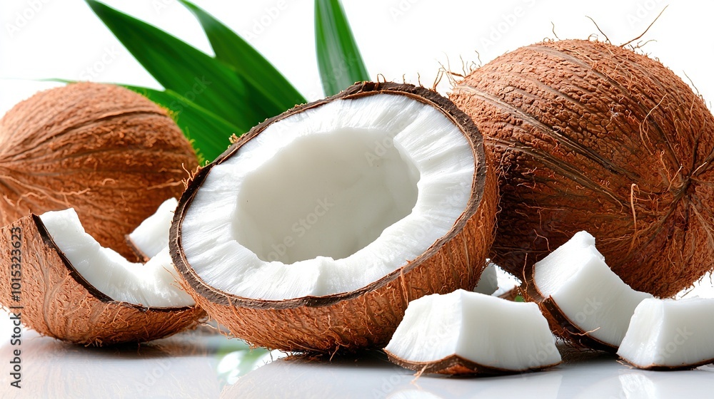 Poster a pair of coconuts rest atop a table beside a split one with a green palm frond atop