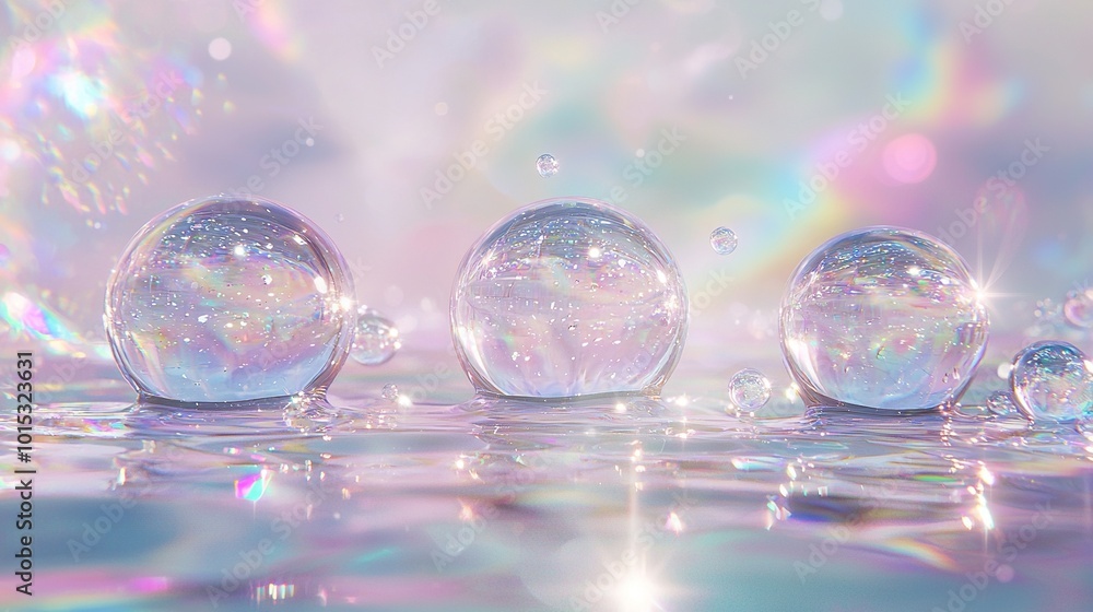 Poster a collection of soap bubbles hovering atop a water surface, with additional bubbles floating above t