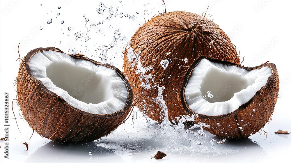 Poster a zoomed in image of two coconuts, with water spilling from within one of them