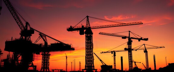 Vast Industrial Skyline at Sunset: Orange Hues, Silhouetted Cranes