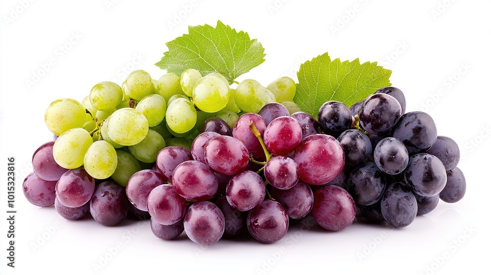 Poster a group of grapes is displayed in an image, placed on a white background with a green foliage above 