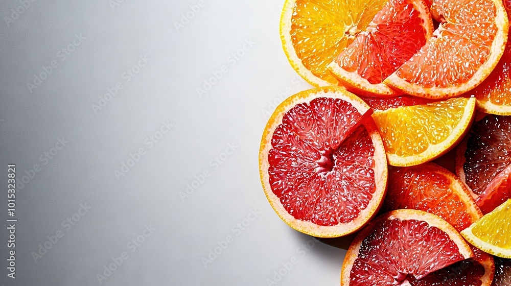 Poster a stack of grapefruit slices on a white table