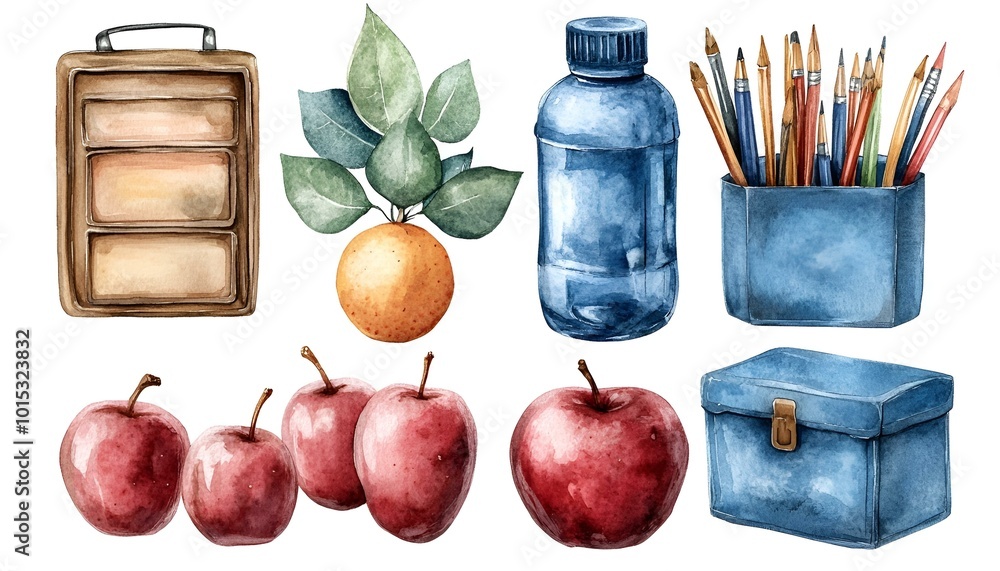 Poster a group of objects with pencils and a bottle