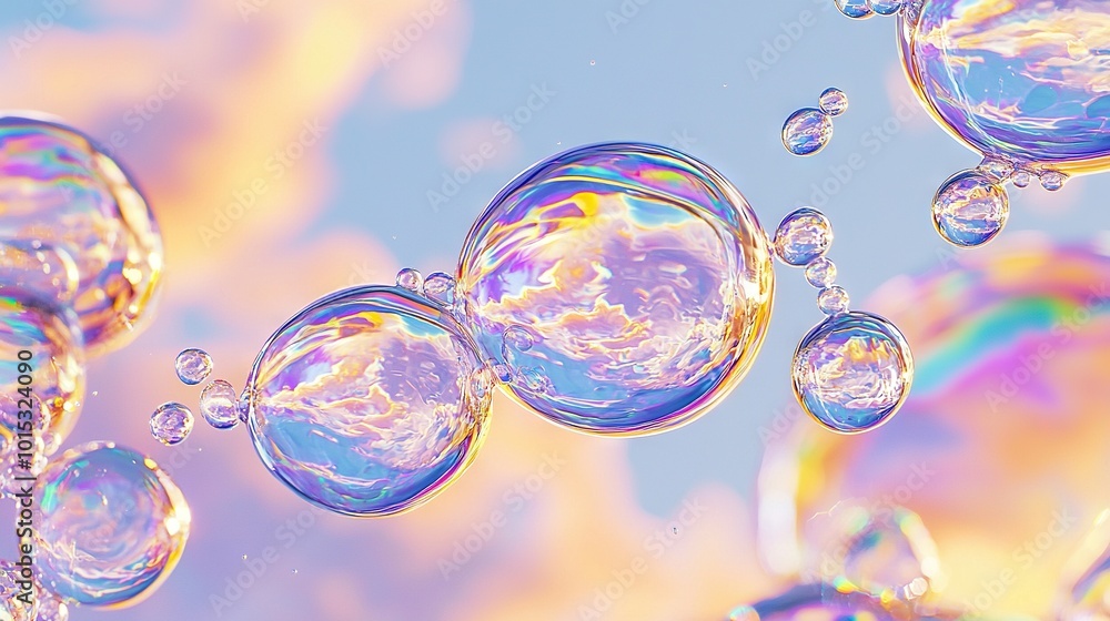 Poster a cluster of bubbles floats atop a multicolored liquid that is also filled with bubbles, set against