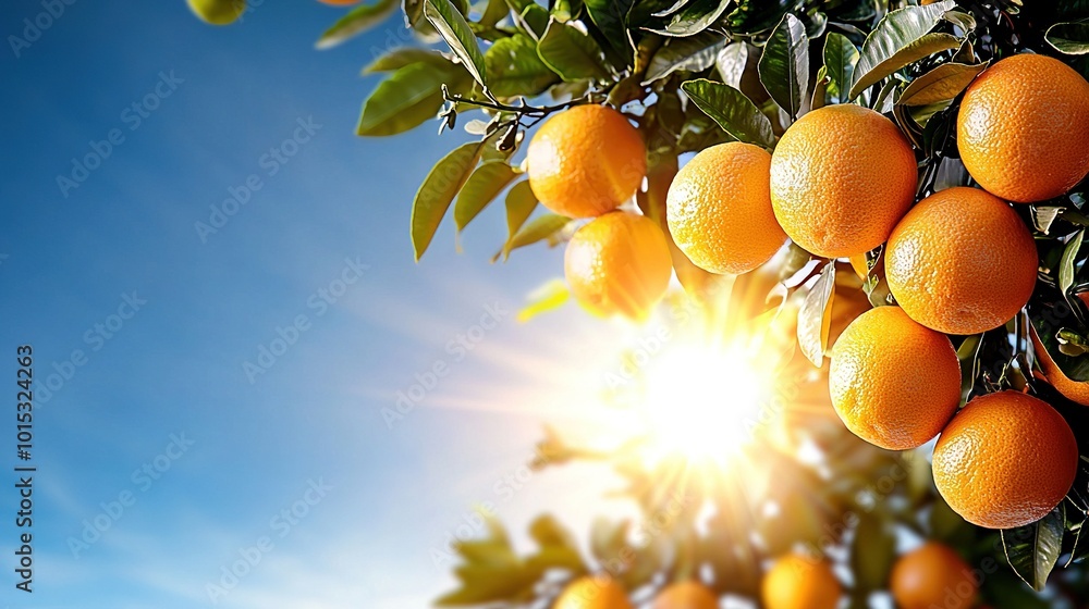 Poster oranges hang from a tree with sunlight filtering through leaves and blue sky in the background