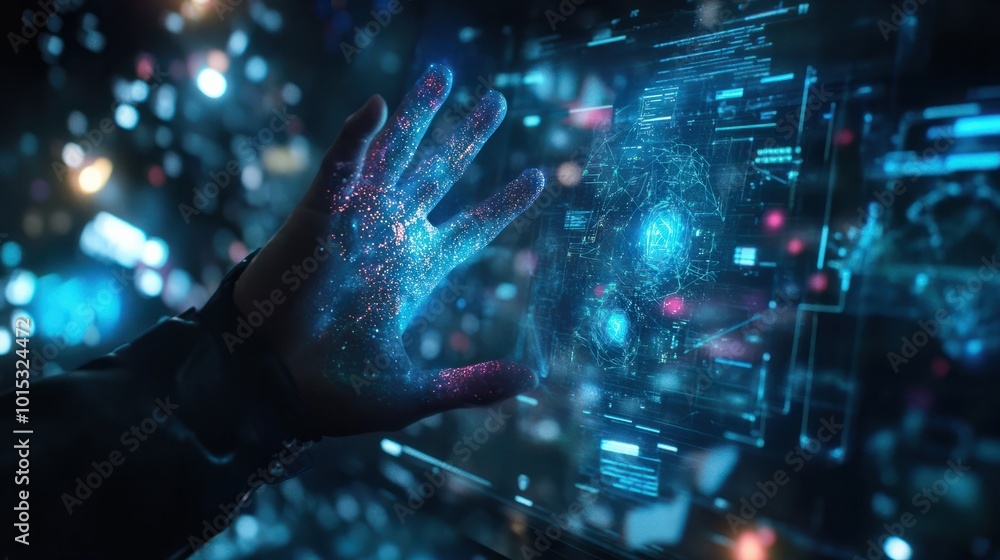 Poster hand-touch digital hologram and innovative internet system on vr cyberspace interface with virtual c