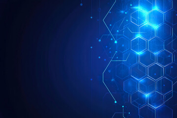 Obraz premium Glowing hexagonal pattern with interconnected lines on a dark blue background. AI-generated