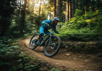 Fototapeta premium Professional cyclist wearing protective gear speeding downhill on his enduro bike