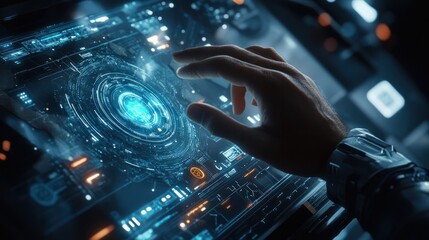 Hand-touch digital hologram and innovative internet system on VR cyberspace interface with virtual computer screen display.
