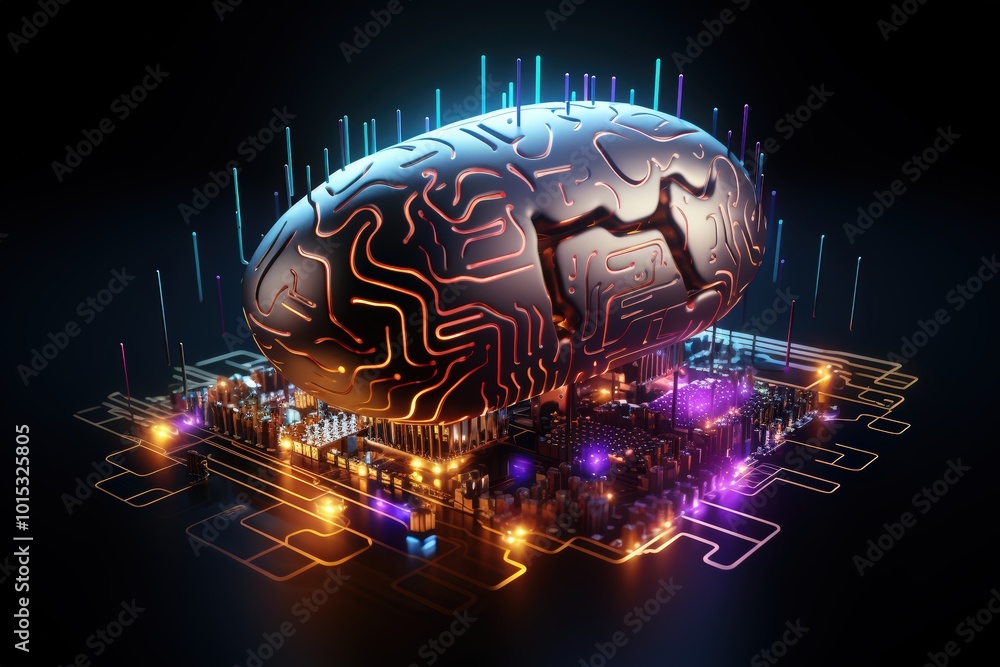 Poster a human brain floating on top of an electronic circuit board, glowing with data flowing through it