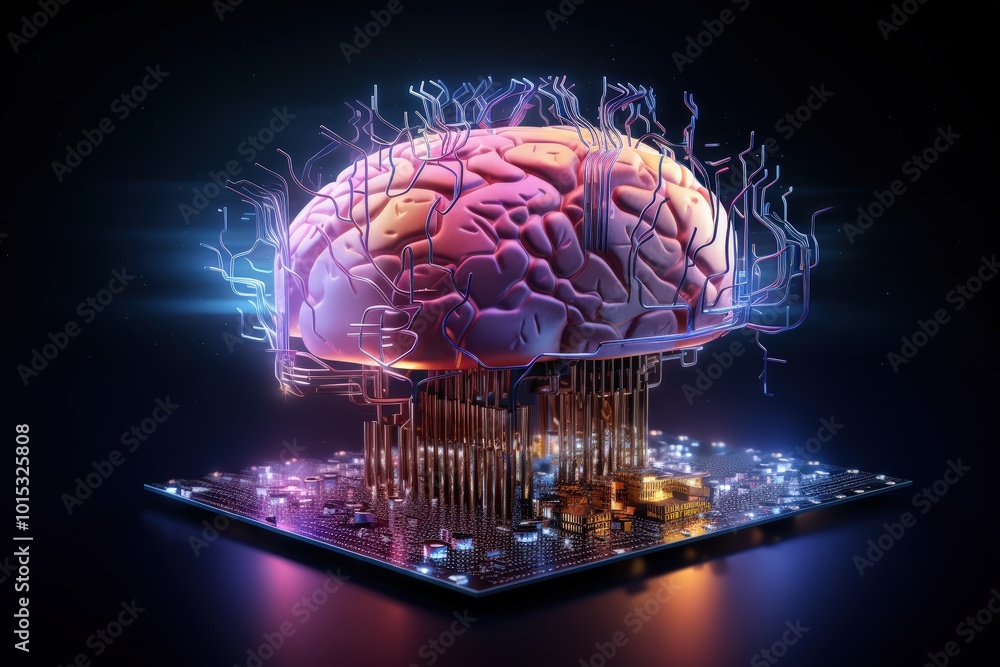 Aufkleber a human brain floating on top of an electronic circuit board, glowing with data flowing through it