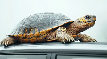 Naklejka premium Turtle perched on car roof in close-up