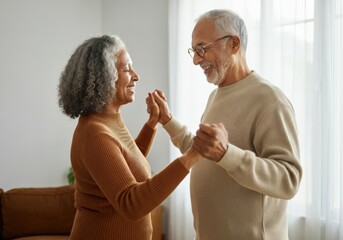 Affectionate senior couple is enjoying their retirement, dancing together in their living room